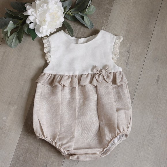 Linen Romper Baby Girls Boutique Flax/Khaki Vintage Lace Portrait Vacation NWT